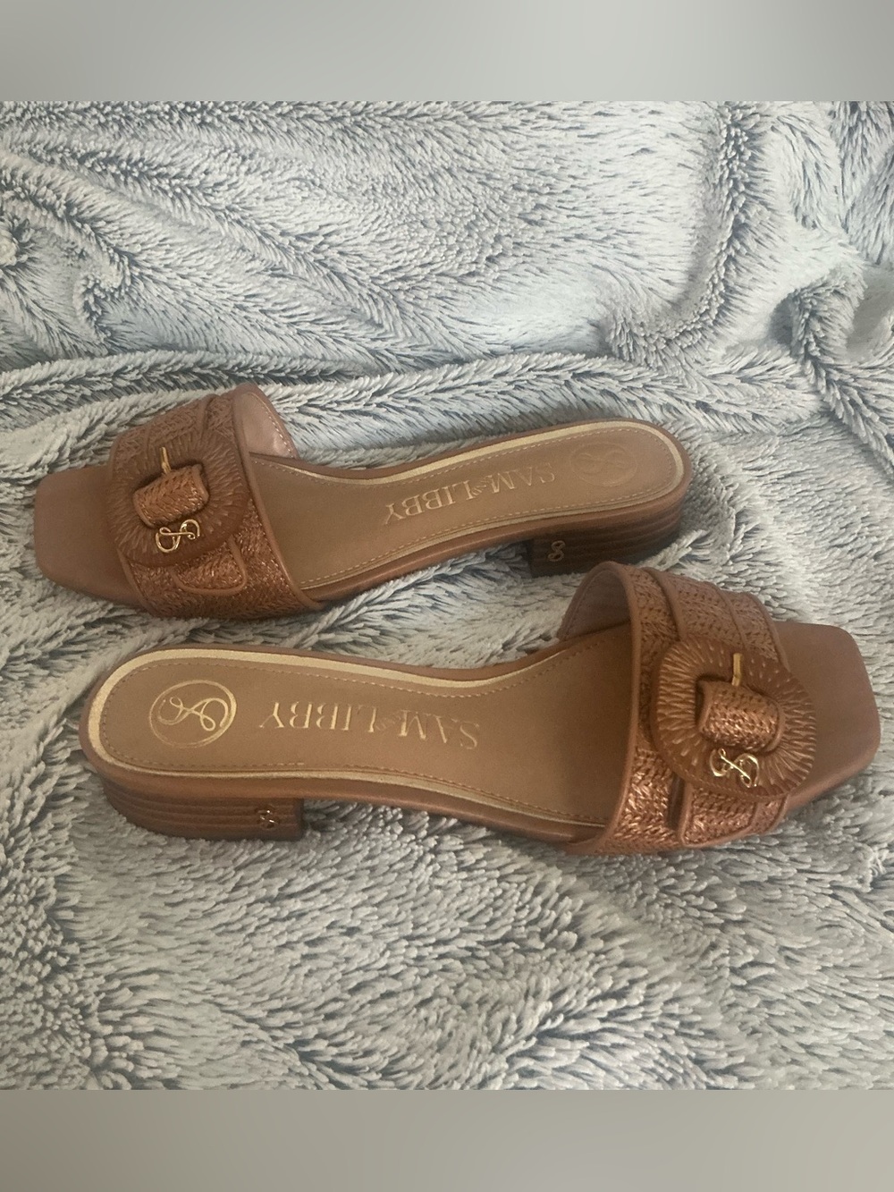 Sam & Libby Cognac Brown Slide Sandals with Buckle Accent